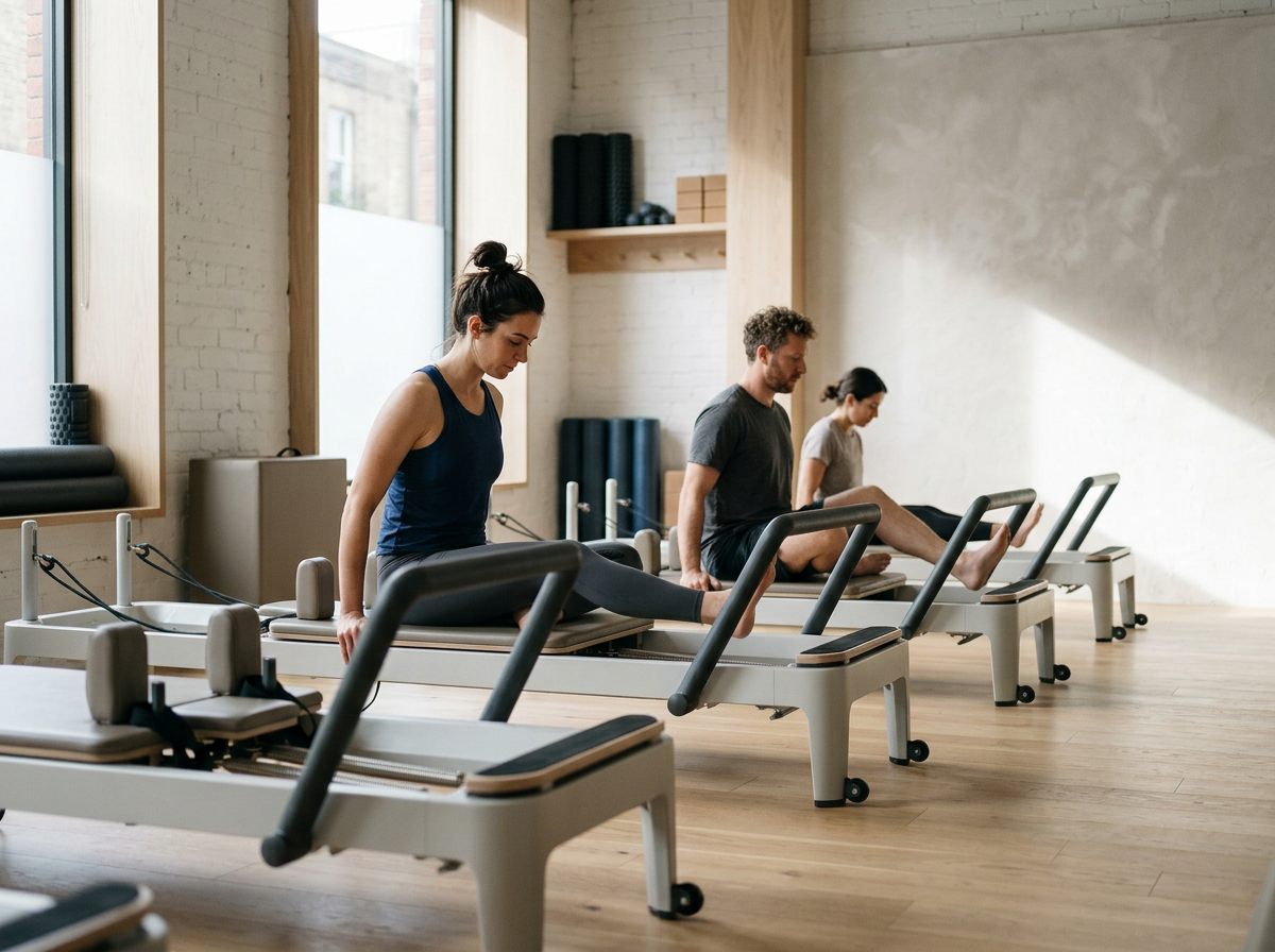 Three people practicing Pilates on reformer machines in a bright, spacious gym with large windows and wooden accents.