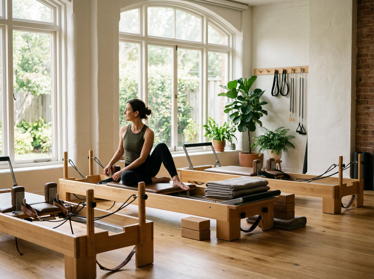 A woman practicing Pilates on a reformer machine in a bright, spacious studio with large windows and green plants.