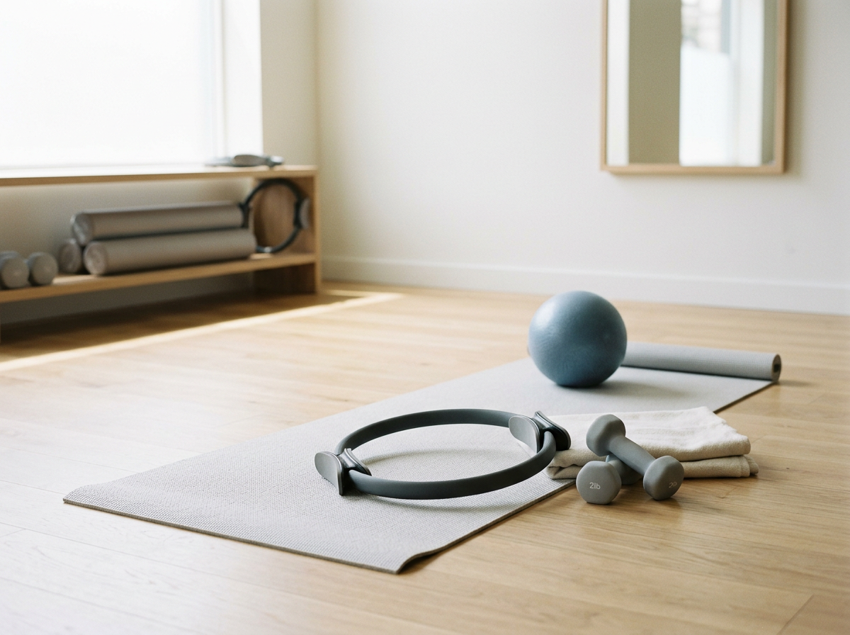 Empty home gym with exercise equipment on a wooden floor, including a yoga mat, stability ball, dumbbells, and a resistance ring.