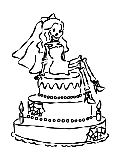 Black and white drawing of a skeleton with a bow in its hair, sitting on a birthday cake with candles, candles with spider web decorations around the base of the cake.