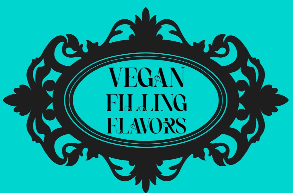Black decorative frame with the text "Vegan Filling Flavors" in the center on a aqua background.