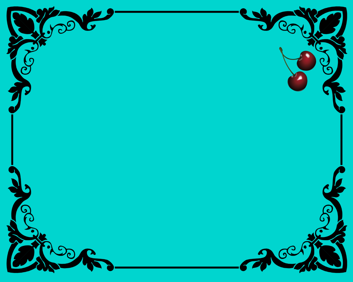 Decorative blue background with black ornate border and two cherries in the top right corner.