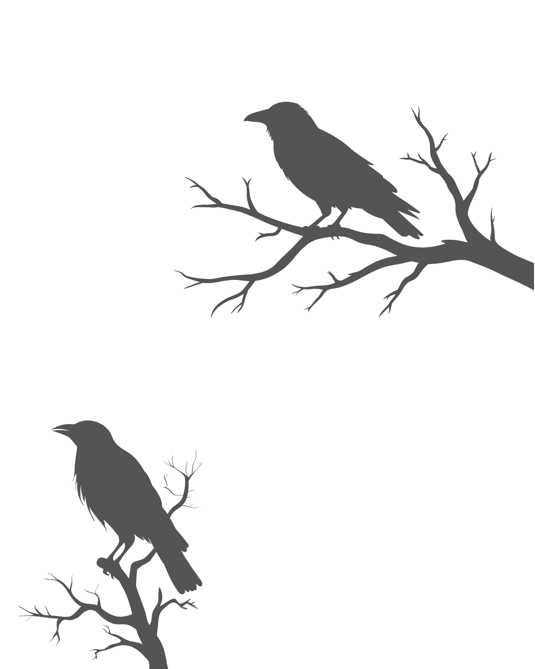 Silhouettes of two crows sitting on branches of leafless trees against a black background.