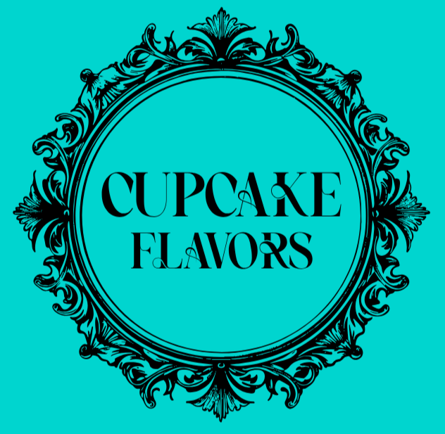 Decorative circular frame with intricate black details surrounding the text 'Cupcake Flavors' on a bright teal background.