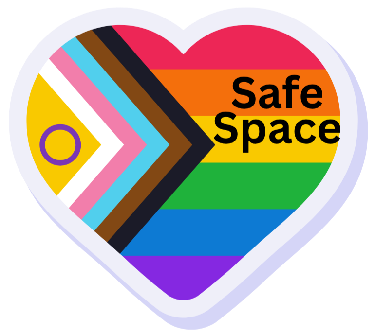 Heart-shaped sticker with rainbow stripes and the words "Safe Space" in bold black letters.