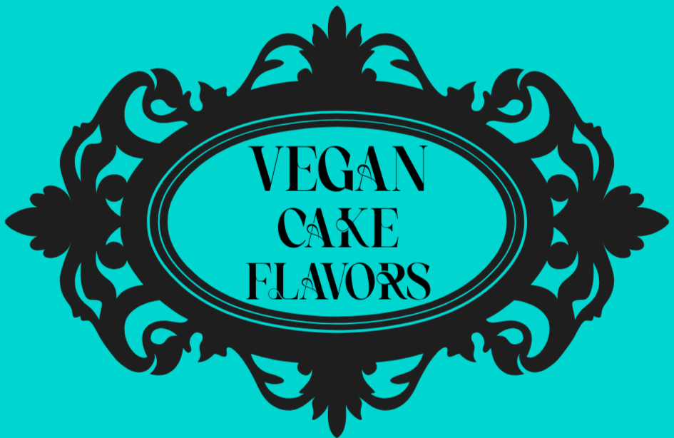 Black ornate frame with the text "Vegan Cake Flavors" in the center on a turquoise background.
