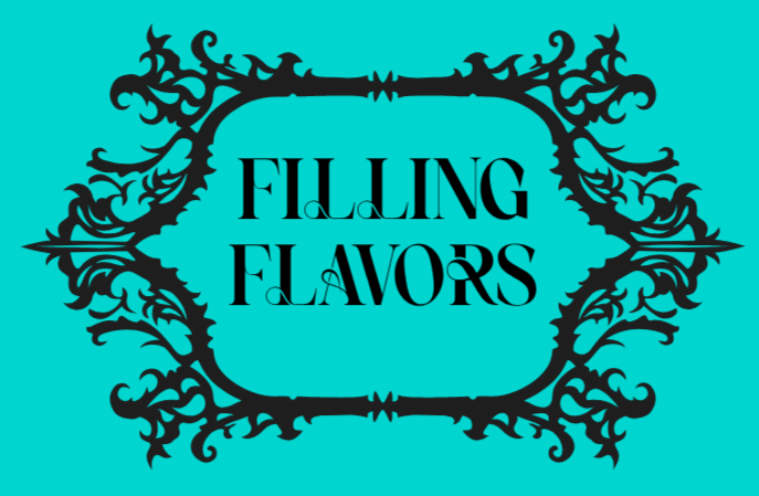 Decorative black ornate frame around the text 'FILLING FLAVORS' on a bright turquoise background.