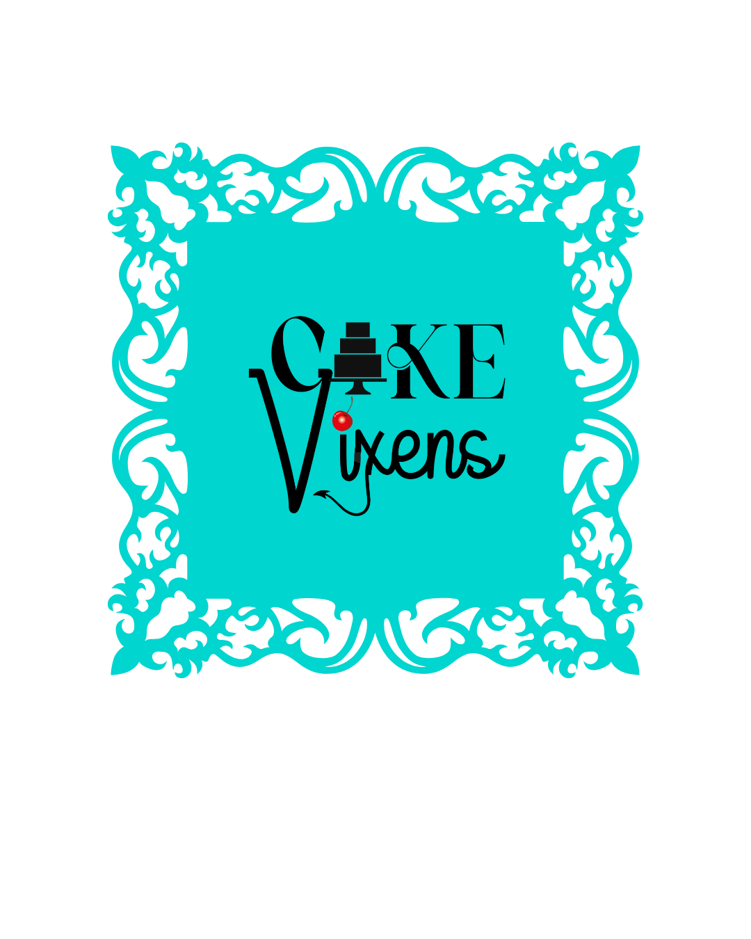 Logo with the text 'Cake Vixens' inside a decorative blue frame, with a stylized cake, a cherry, and a needle in the design.