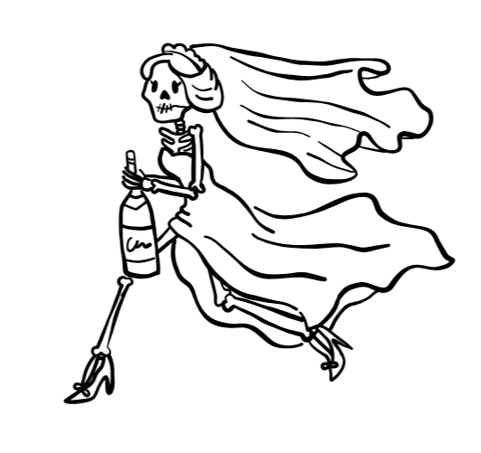Line drawing of a skeleton flying with a cape, holding a bottle, with a skull head, wearing high heels.