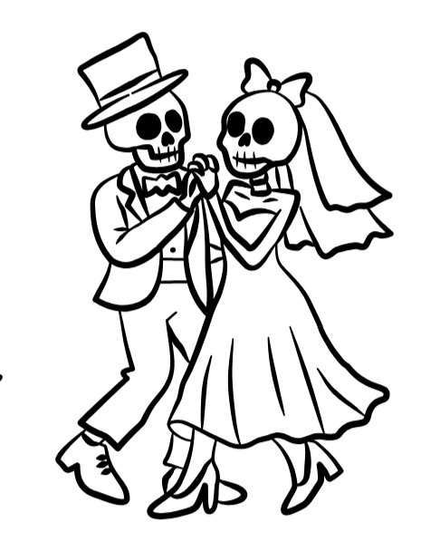 Black and white cartoon of a skeleton couple dancing, dressed in wedding attire with the skeleton groom in a top hat and tuxedo and the skeleton bride in a dress with a large bow on her head.