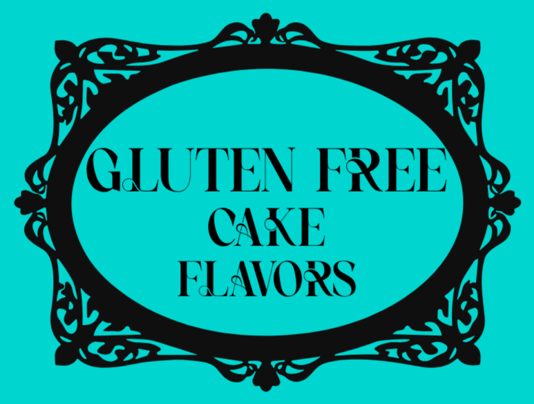 A decorative black ornate frame surrounds text on a bright blue background. The text reads: 'Gluten Free Cake Flavors' in black capital letters.