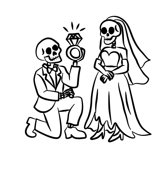 Skeleton groom kneeling and skeleton bride standing in wedding attire