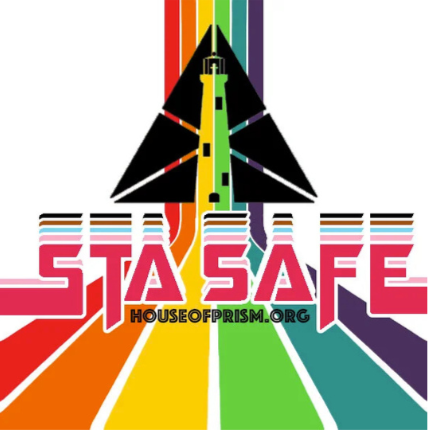 Colorful logo with a lighthouse and rainbow-colored roads, the text 'BE SAFE' and 'HOUSE OF PRISM.ORG'.