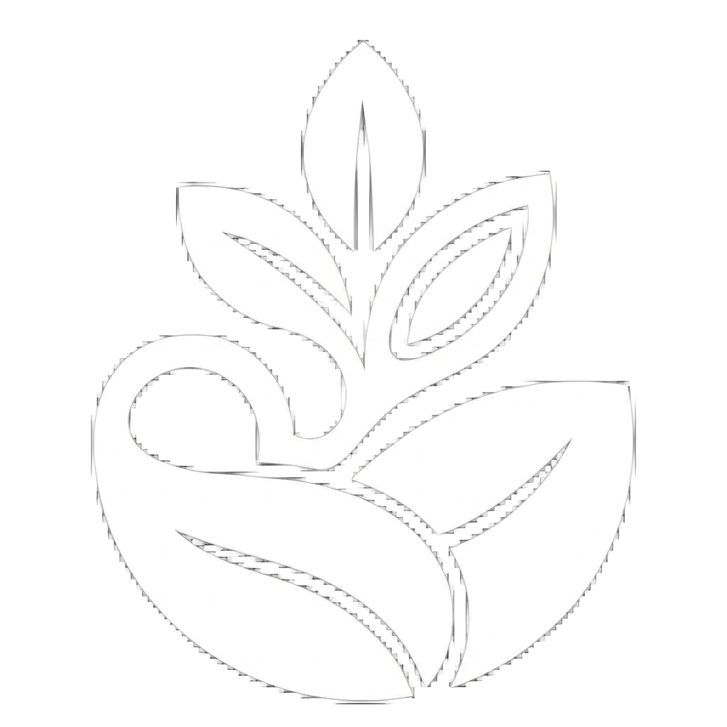 Black and white illustration of a hand holding a sprout with three leaves.