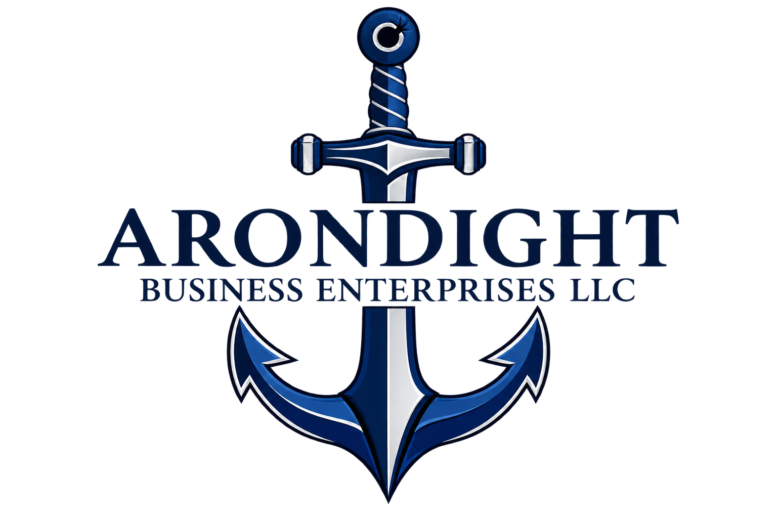 Illustration of a nautical-themed logo featuring a stylized anchor with a sword at its center, all in shades of blue, with some red accents.