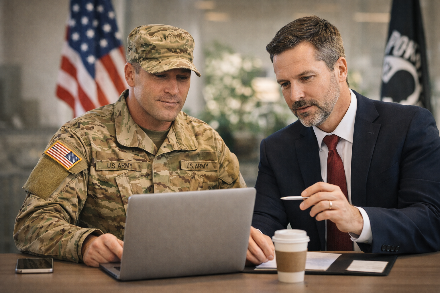 A soldier in U.S. Army uniform and a man in a suit sitting together looking at a laptop screen in an office or conference room with American flags in the background.