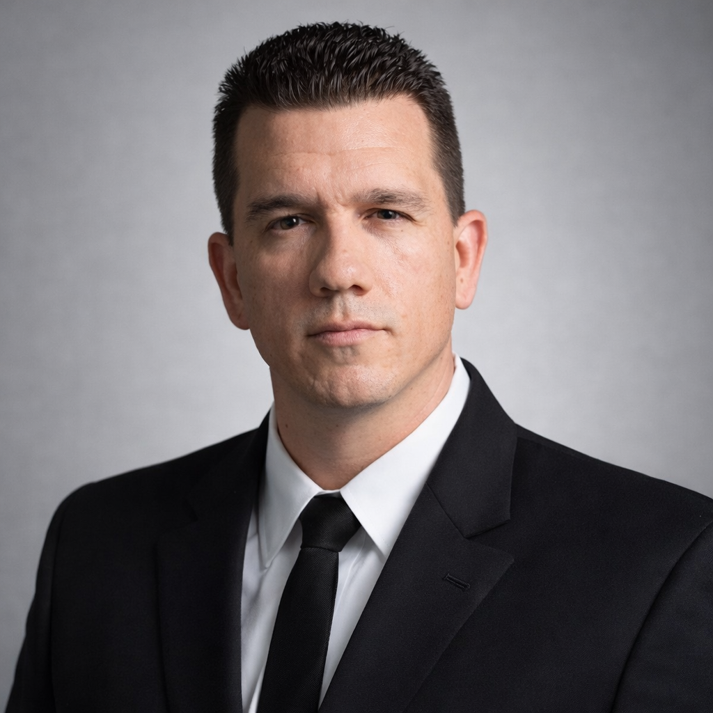A man in a black suit, white shirt, and black tie looking directly at the camera with a neutral expression, against a plain grey background.