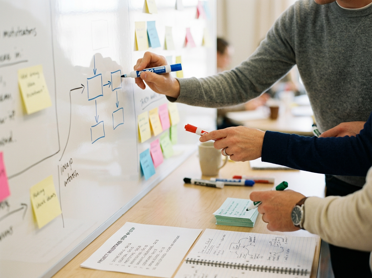 People collaborating and brainstorming with markers and sticky notes on a whiteboard.