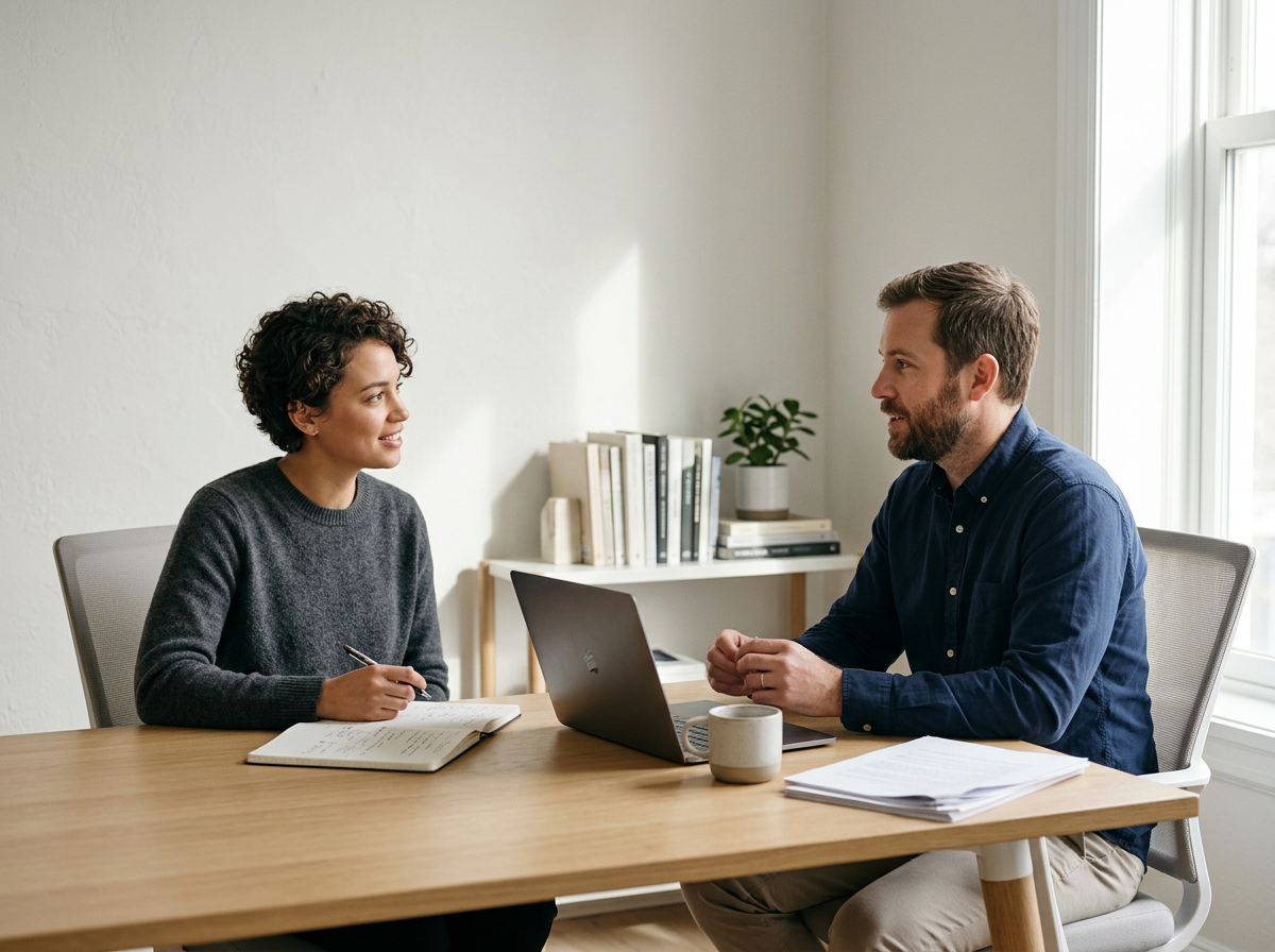 A woman and man having a discussion at a table in an office, with notebooks, a laptop, and a mug on the table.