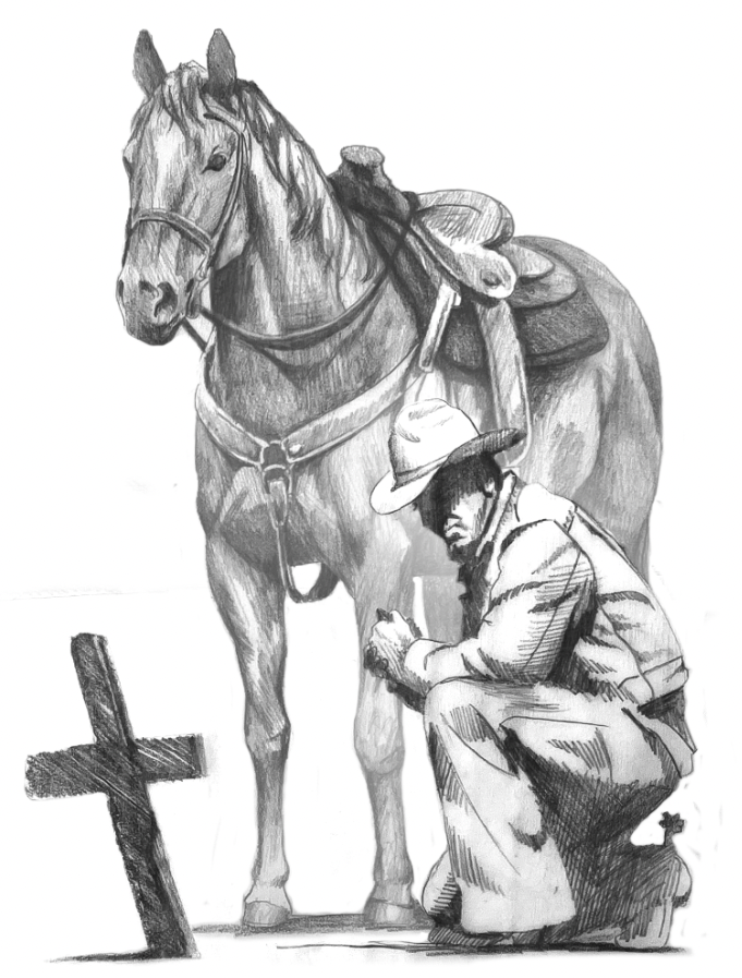 A sketch of a cowboy kneeling next to a saddled horse, with a wooden cross in front.