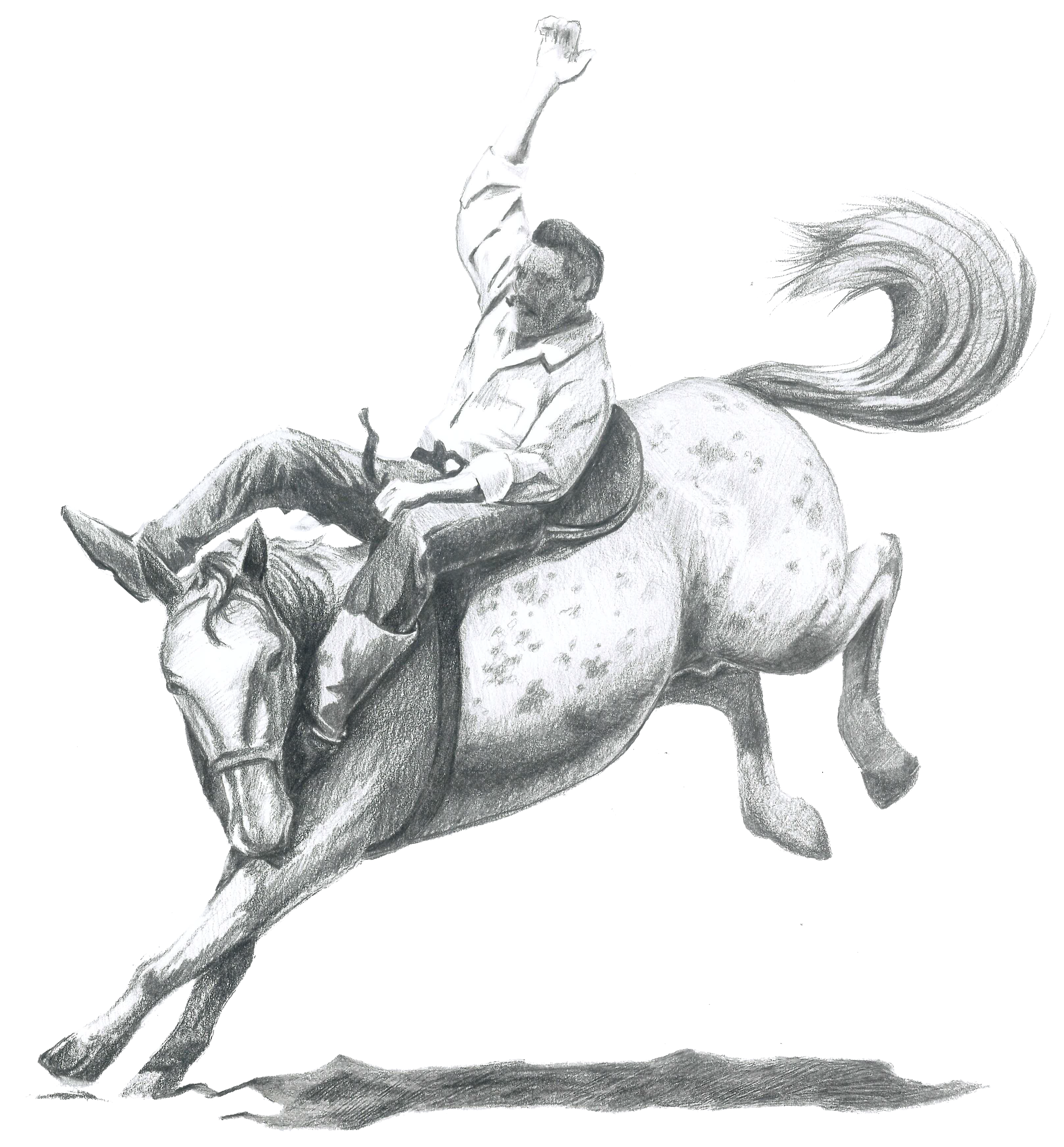 A child is sitting on a large rocking horse, holding the horse's ear with one hand, inside a room with light-colored flooring.