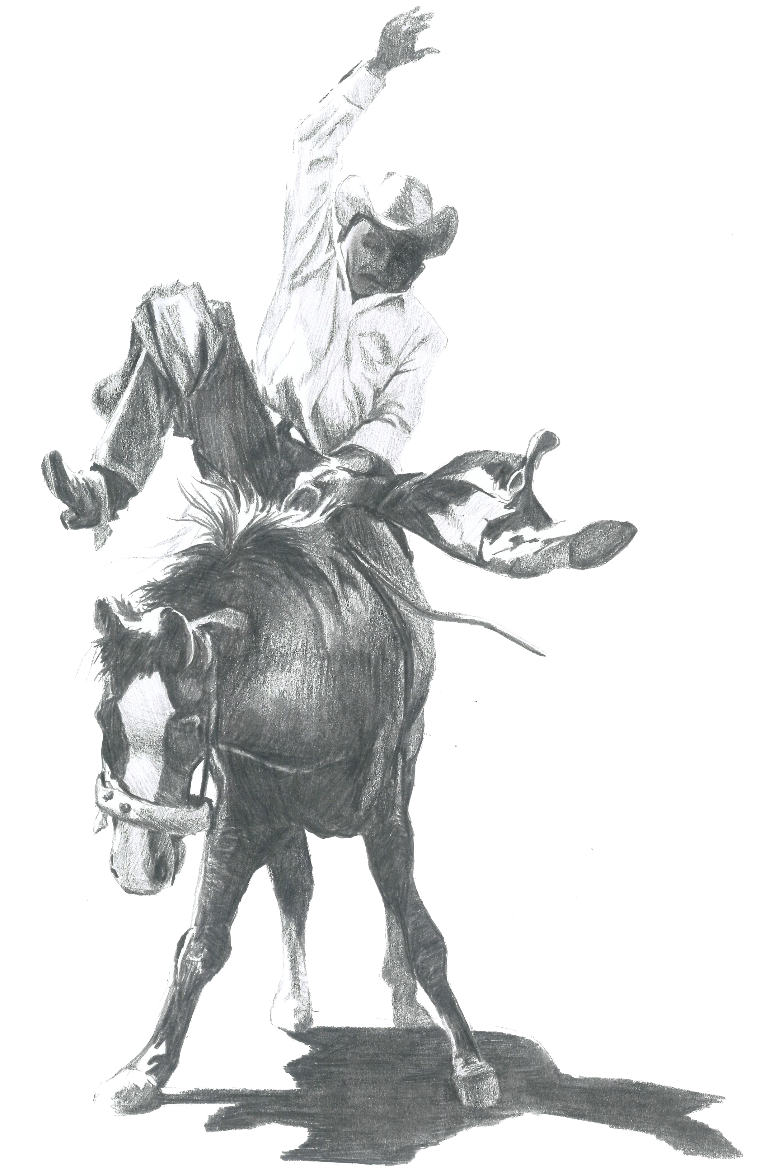 A detailed black and white pencil sketch of a cowboy riding a horse, wearing a cowboy hat and cowboy boots, with the horse in mid-stride.