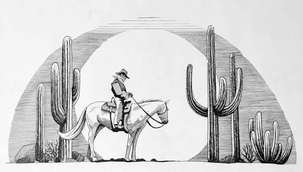 Black and white drawing of a man riding a horse through a desert landscape with tall cacti.