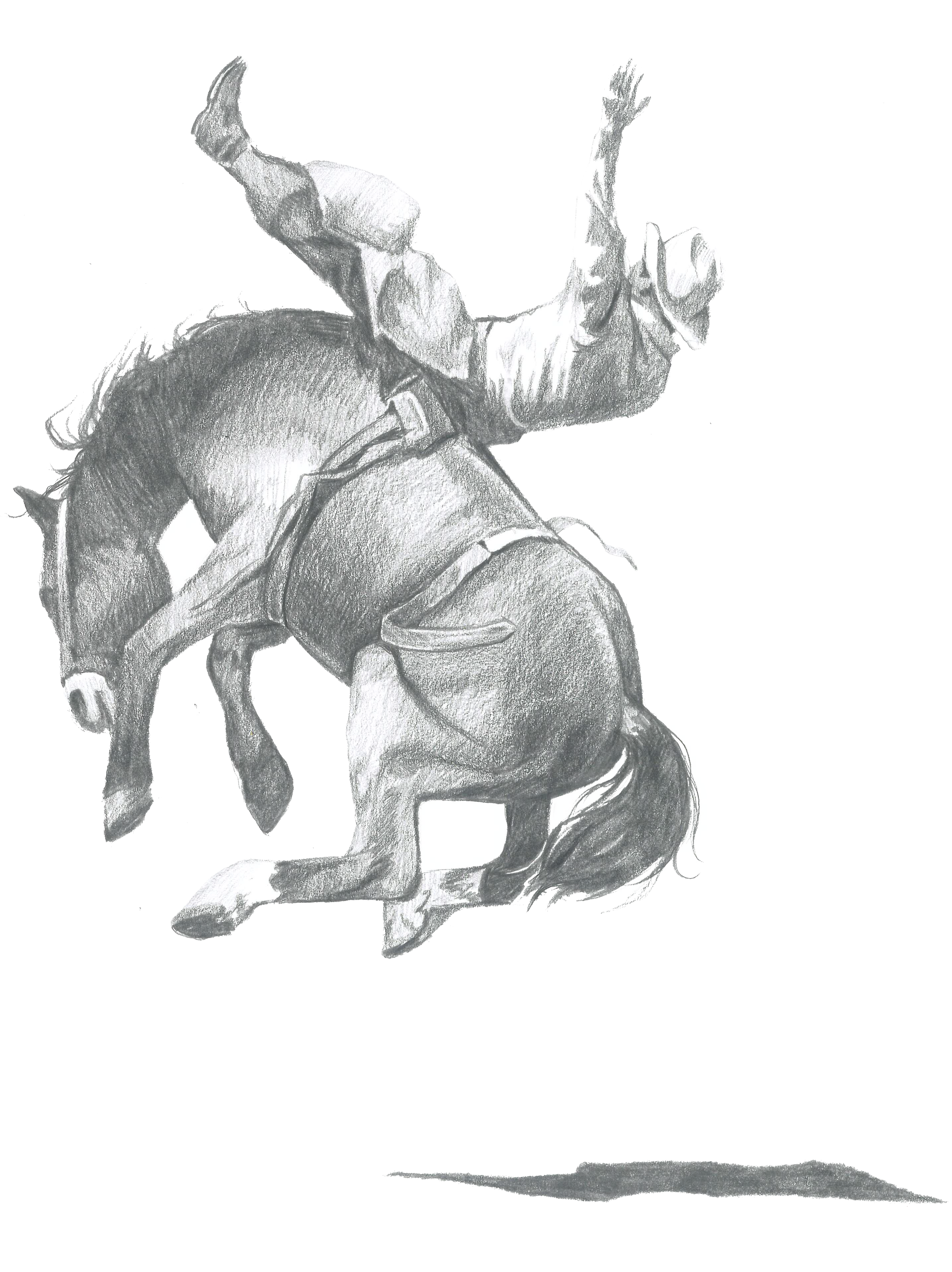 A hand drawing of a person riding a horse, holding the reins with one hand and raising the other, in black and white.