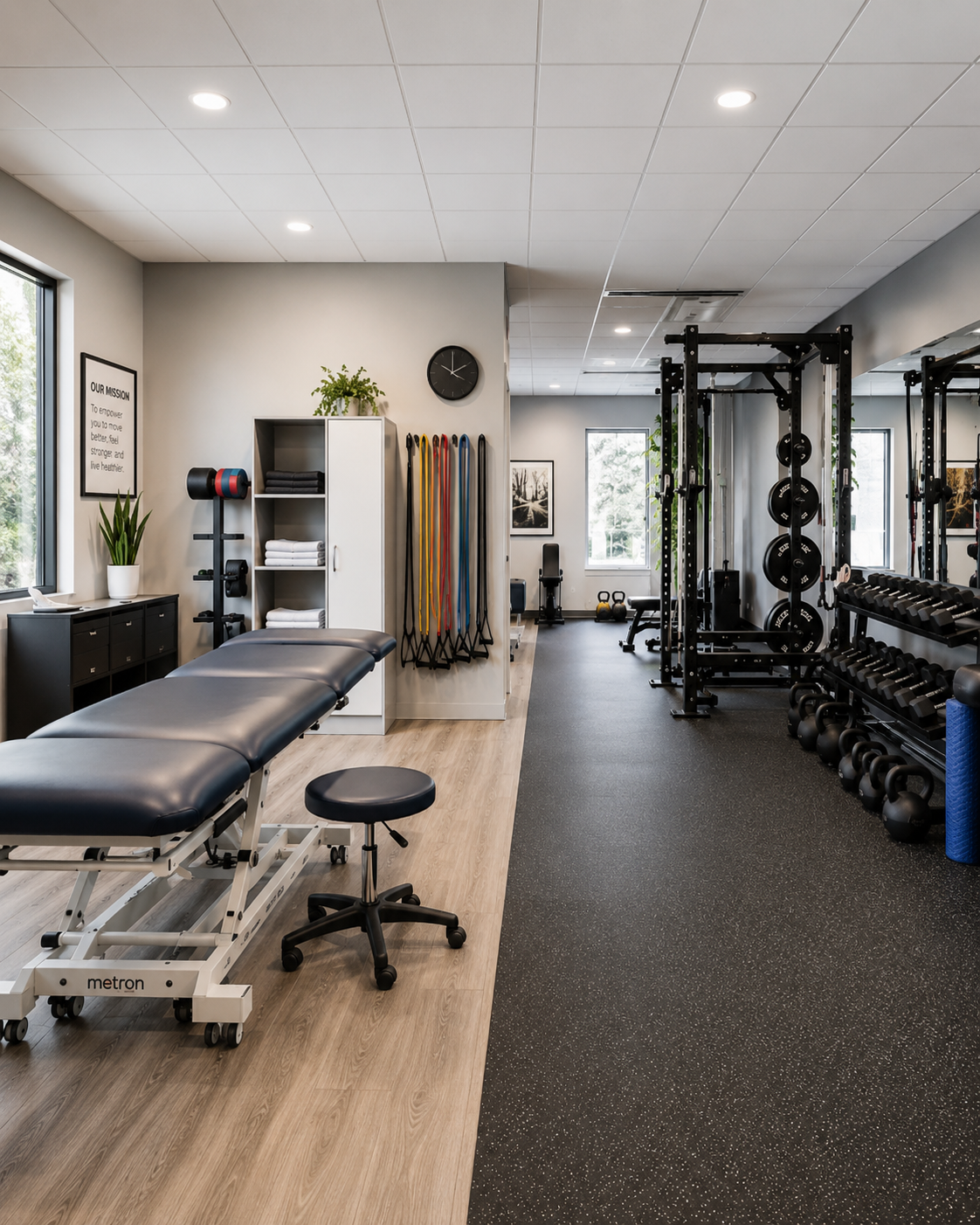 Modern gym with workout equipment including a treatment table, weights, resistance bands, and exercise balls, illuminated by natural light through windows.