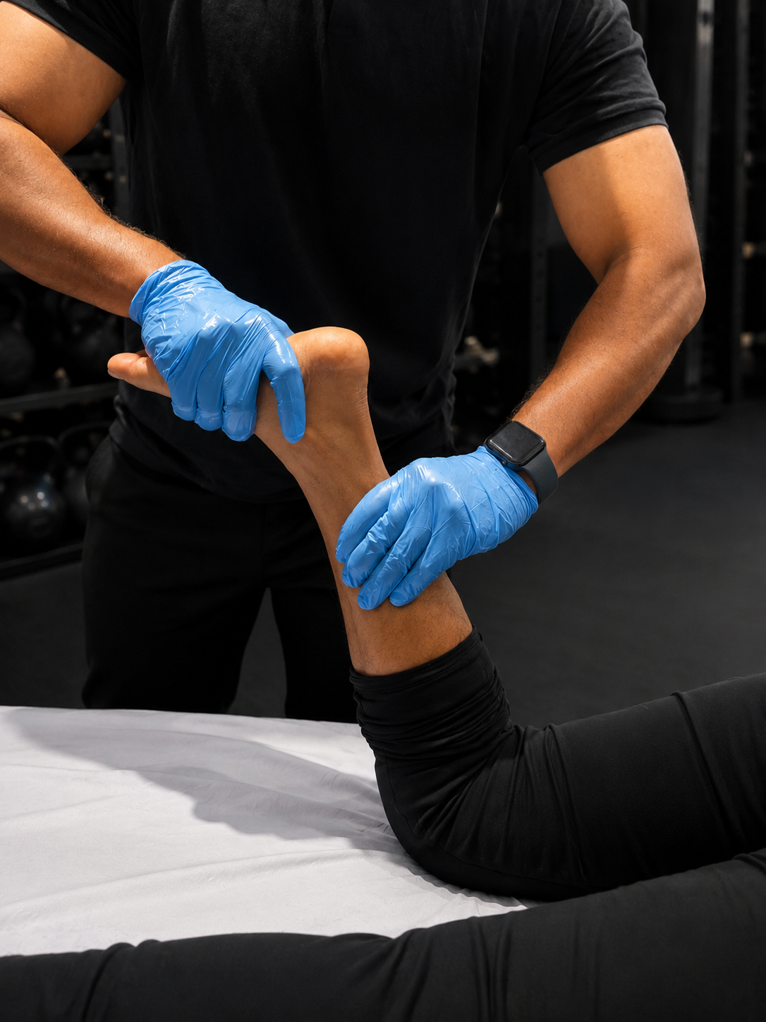 A physical therapist wearing blue gloves helping a person stretch or rehabilitate their knee in a gym or therapy setting.