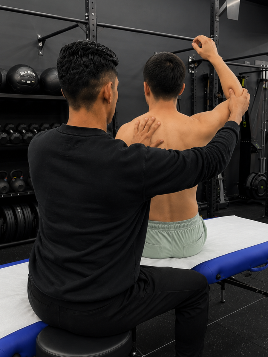 A physical therapist or trainer is helping a man with arm stretching exercises on a massage table in a gym.