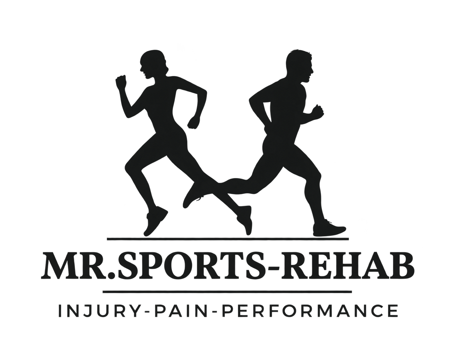 Silhouettes of a woman and a man running, with text that reads 'MR. SPORTS-REHAB INJURY-PAIN-PERFORMANCE'.