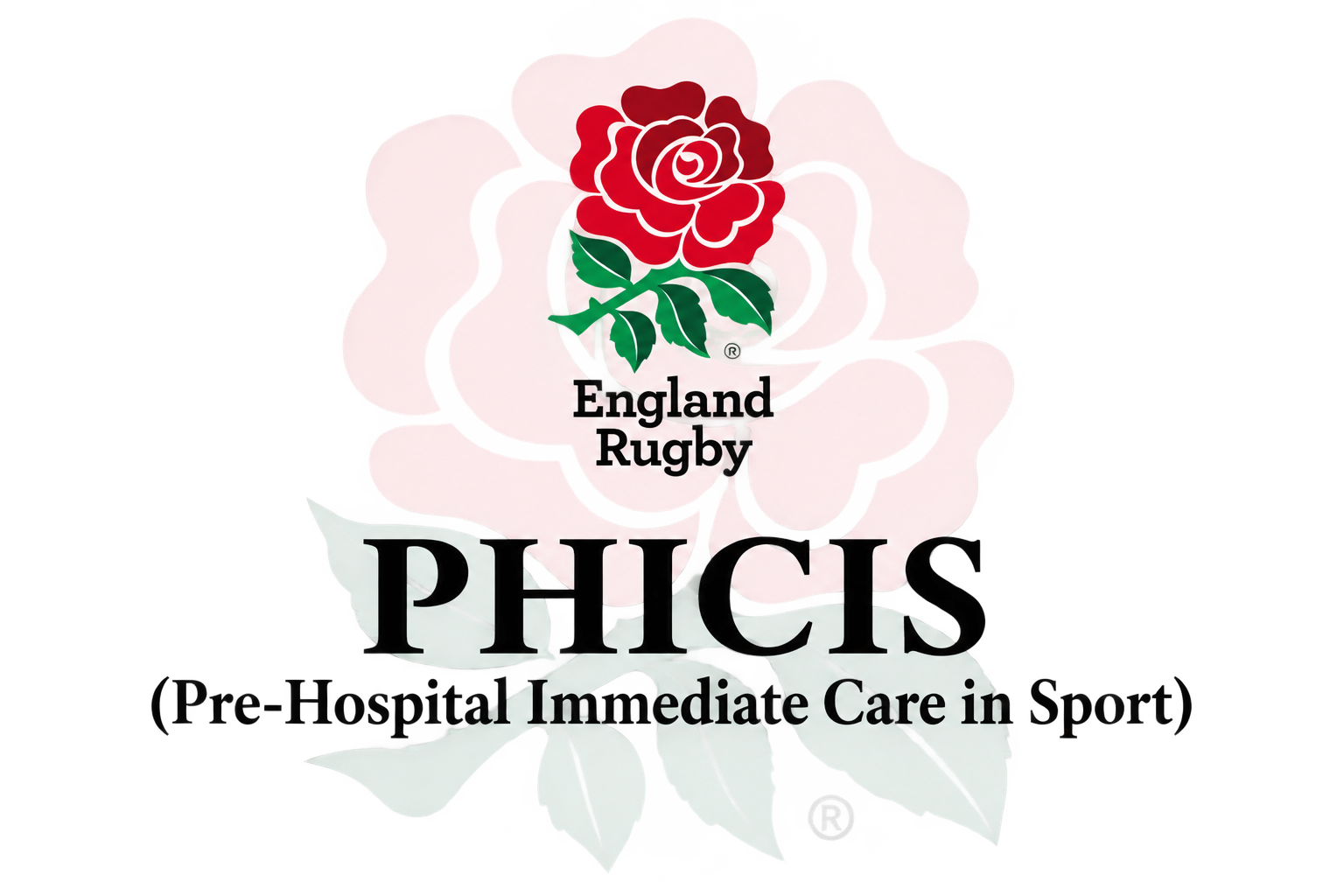 England Rugby logo with a red rose and green leaves, and text reading 'England Rugby' and 'PHCPS Pre-Hospital Immediate Care in Sport'.