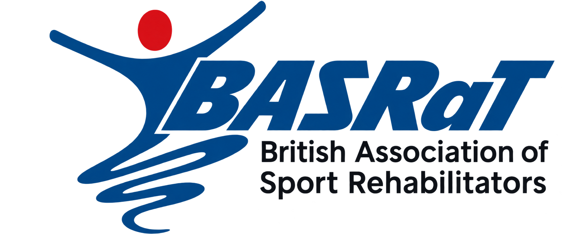 Logo of British Association of Sport Rehabilitators featuring a stylized swimmer with a red head and blue body, with the organization's name in bold blue and black text.