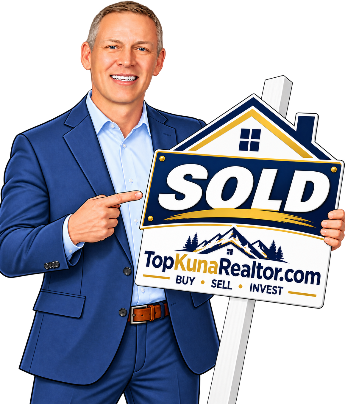 Real estate agent in a blue suit holding a "Sold" sign for TopKunaRealtor.com, pointing to it, with a smiling face, in front of a black background.