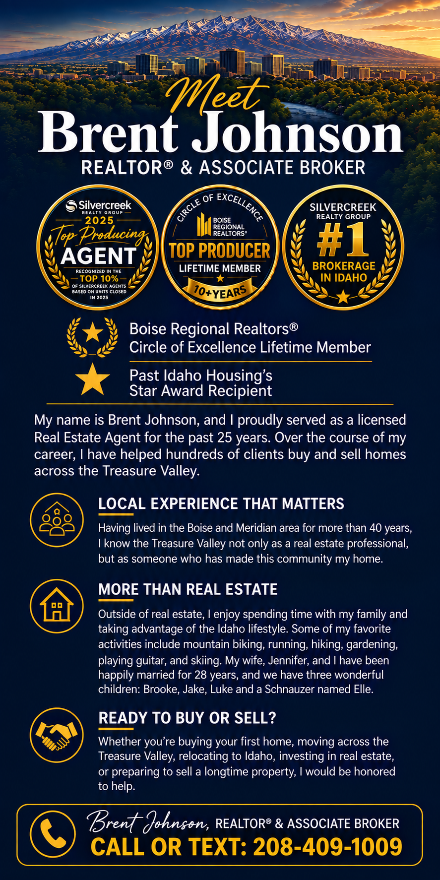 A promotional real estate flyer featuring Brent Johnson, a licensed realtor and associate broker from Boise Regional Realtors. The flyer includes a scenic background of the Boise city skyline with mountains and a river, and highlights Brent Johnson's achievements, experience, and contact information.