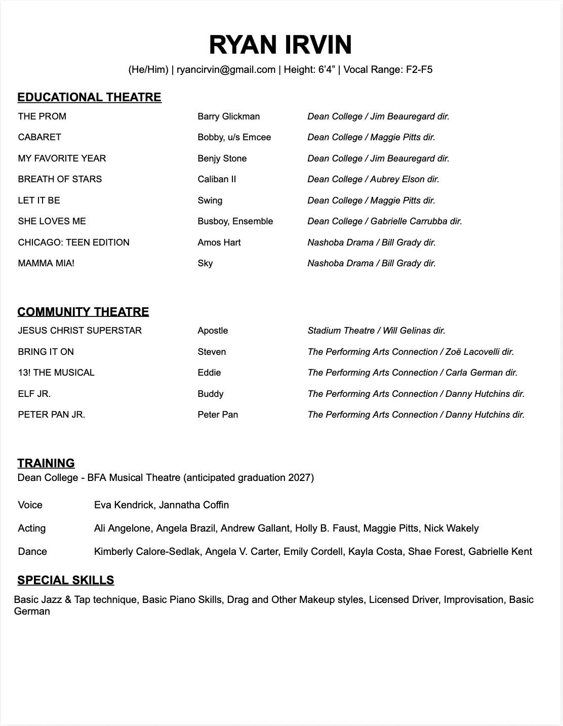 A resume for Ryan Irvin listing educational theater, community theater, training, and special skills, including contact information and performance details.