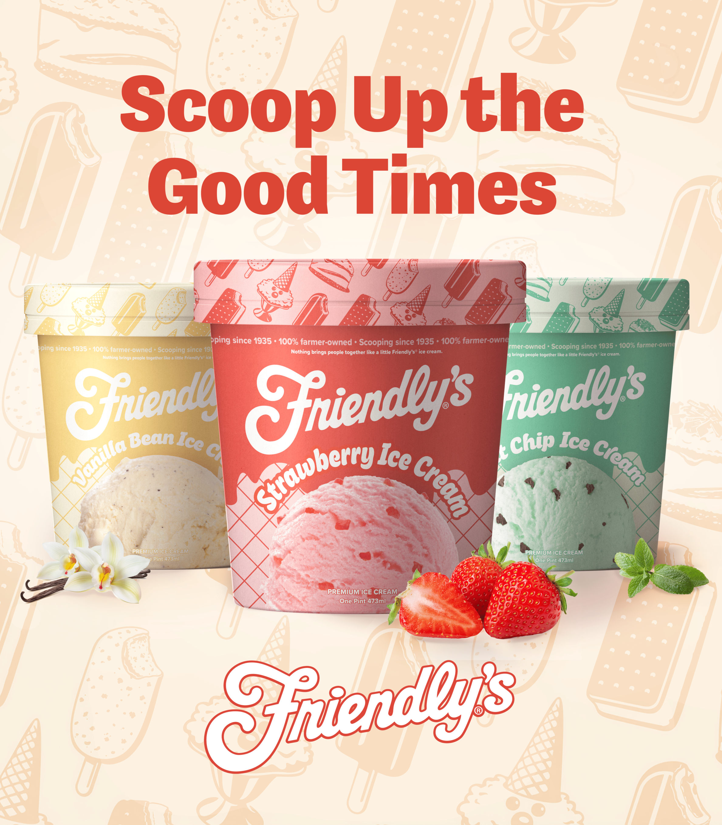 Three different flavors of Friendly's ice cream in colorful containers with strawberries and mint leaves in front, with a background pattern of ice cream and popsicles and text that reads "Scoop Up the Good Times."