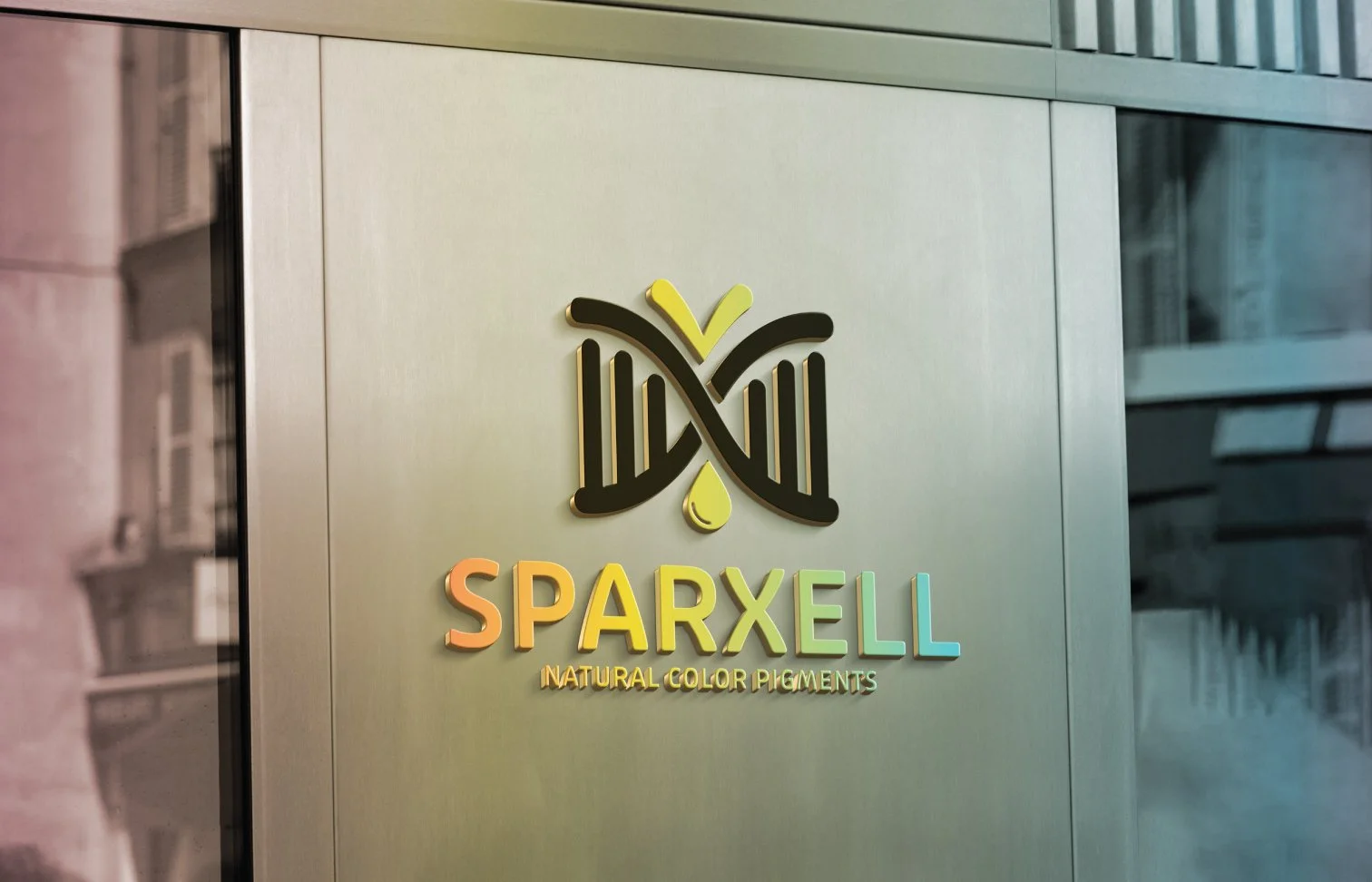 Sign for Sparxell Natural Color Pigments with logo featuring a stylized DNA double helix with a droplet of pigment.