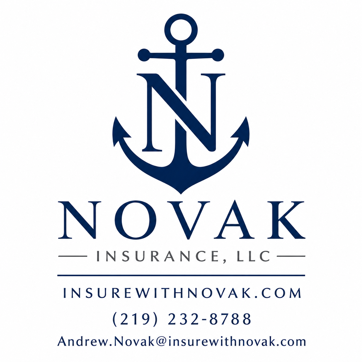 Business card for Novak Insurance LLC featuring a navy blue anchor logo with the letter N integrated, and contact information including website, phone number, and email address.