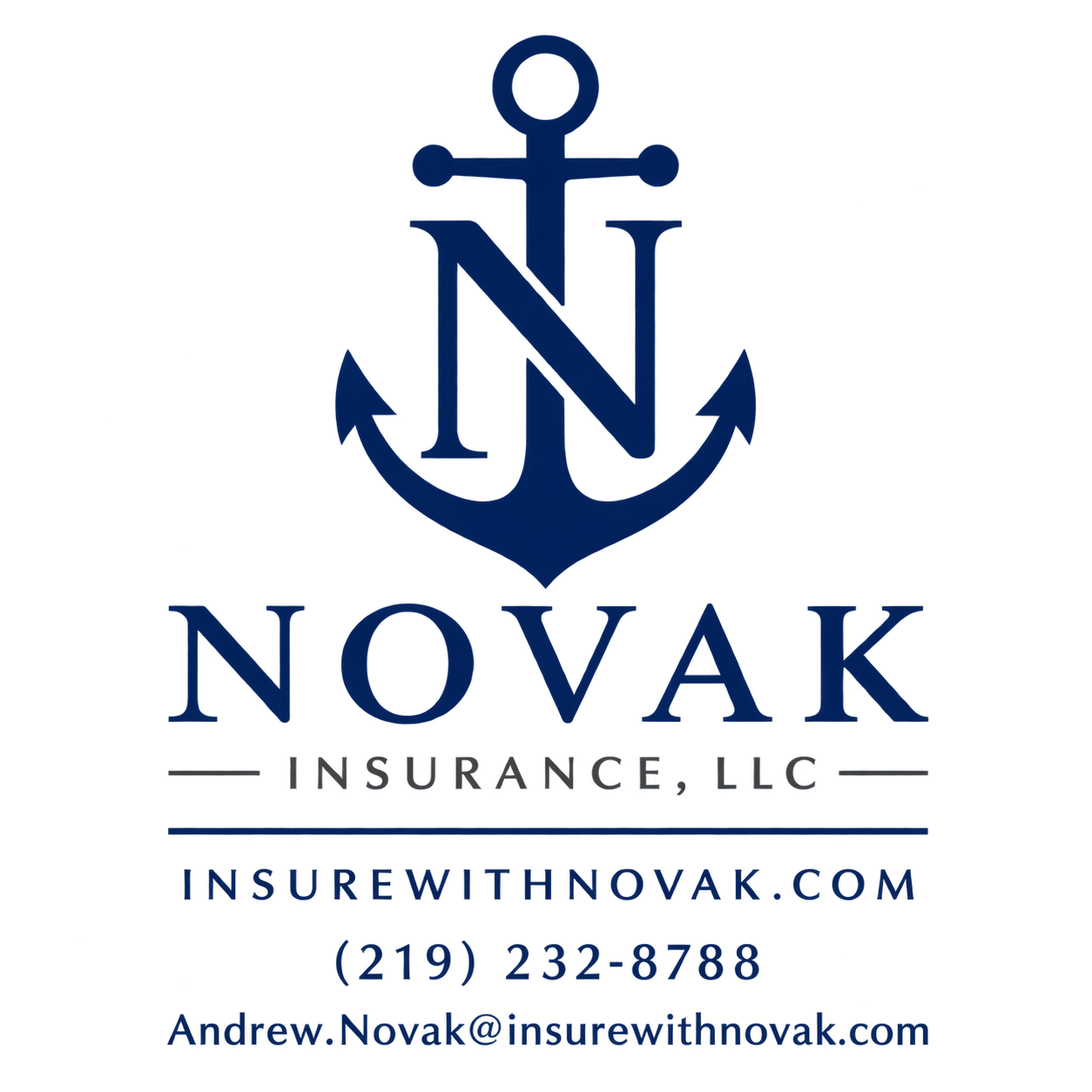 Logo for Novak Insurance LLC featuring a navy blue anchor and the company name in large navy blue letters. Contact details and website included in smaller text.