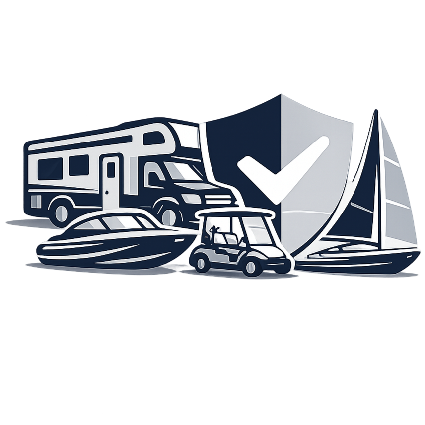 Illustration of various vehicles including an RV, boat, golf cart, and sailboat with a shield and check mark in the background, representing insurance coverage.