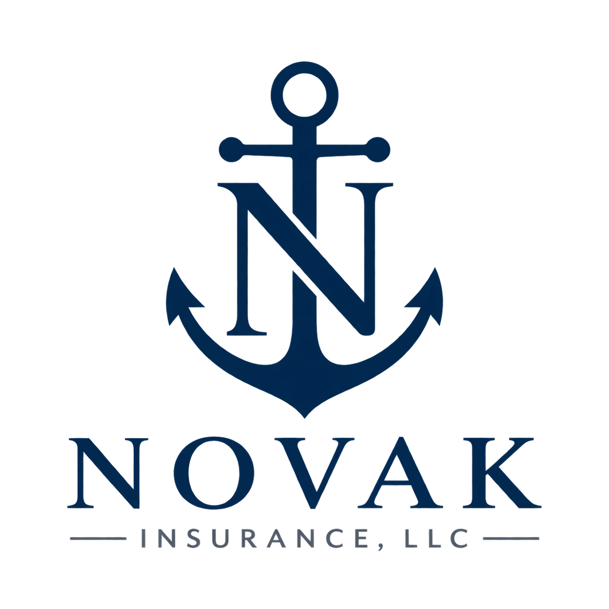 A dark blue anchor with a Navy 'N' integrated into the design. The text 'Novak Insurance LLC' is below the anchor, with 'Novak' in large blue letters and 'Insurance LLC' in smaller, lighter gray letters.