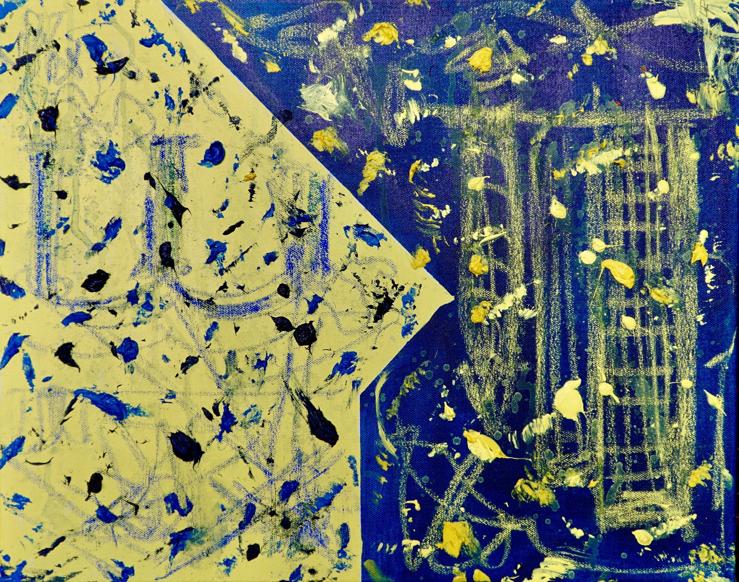 An abstract painting with splashes of blue, yellow, and black paint on a canvas divided into two sections, yellow on the left and blue on the right. the blue and the yellow are in dialogue, but they never touch - it's a sun and sea affair.