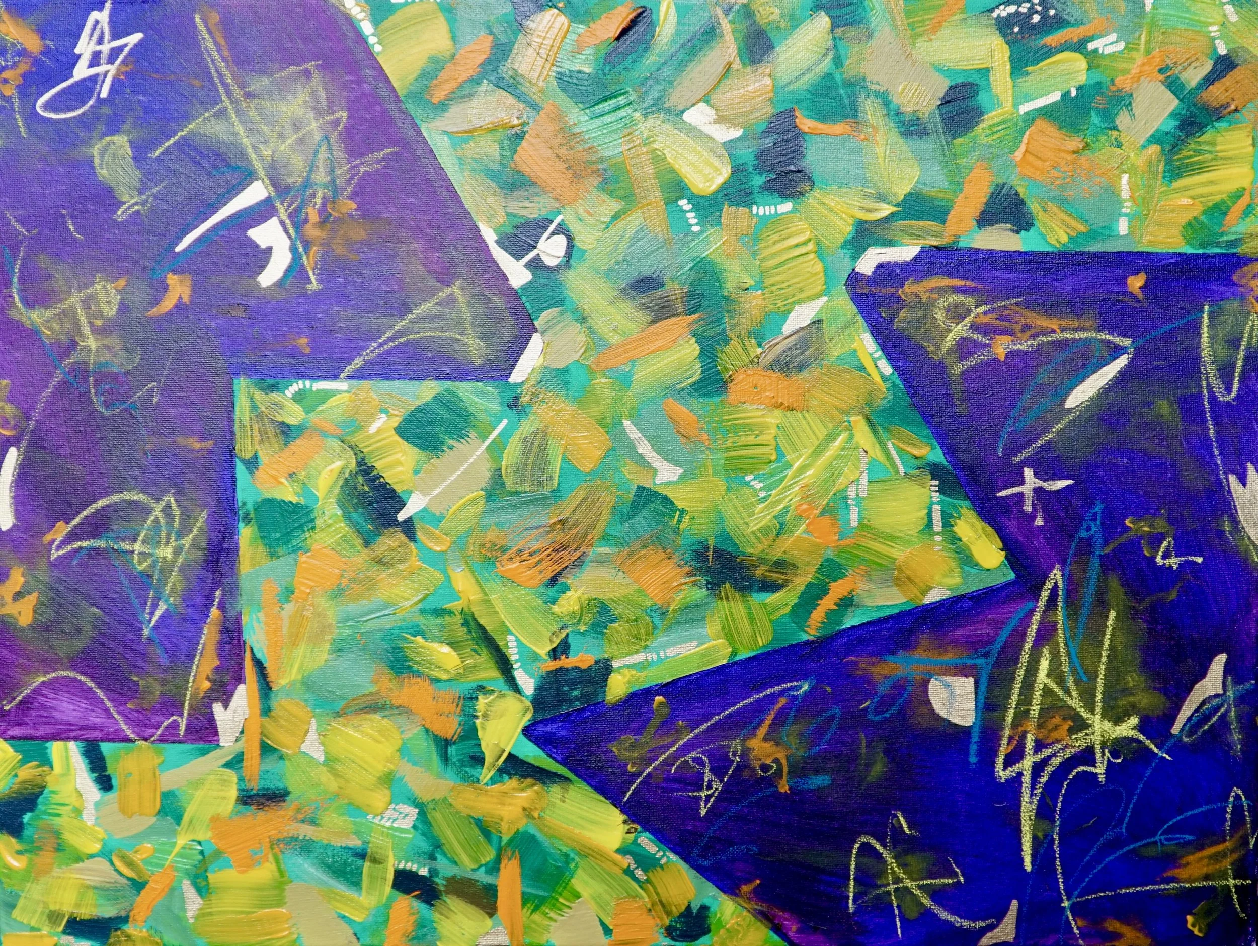 Abstract paint splashes and strokes in bright colors such as yellow, green, orange, purple, and blue.