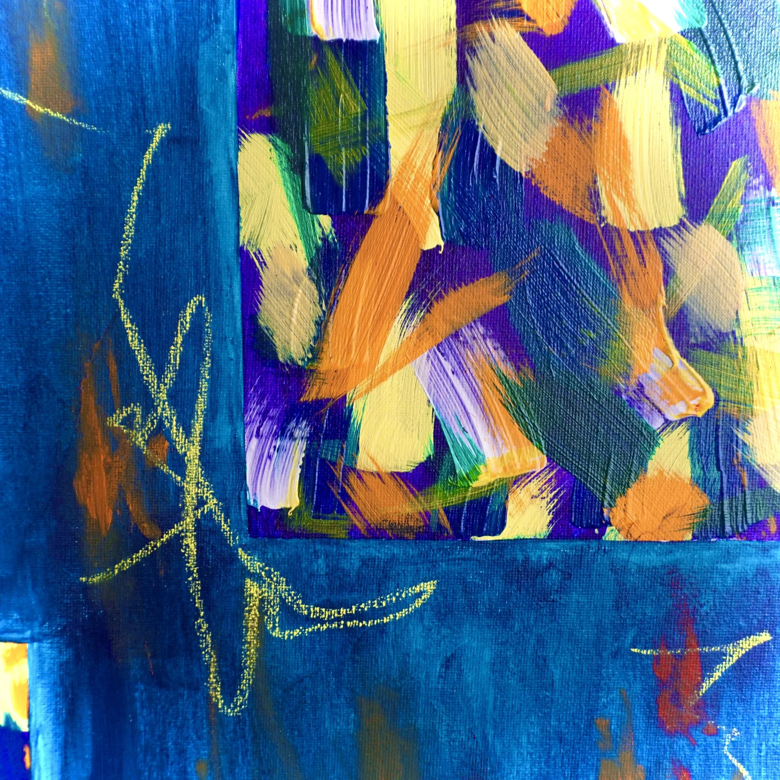 Close-up of an abstract painting with vibrant strokes of blue, purple, green, orange, yellow, and hints of red, showcasing layered textured brushwork.