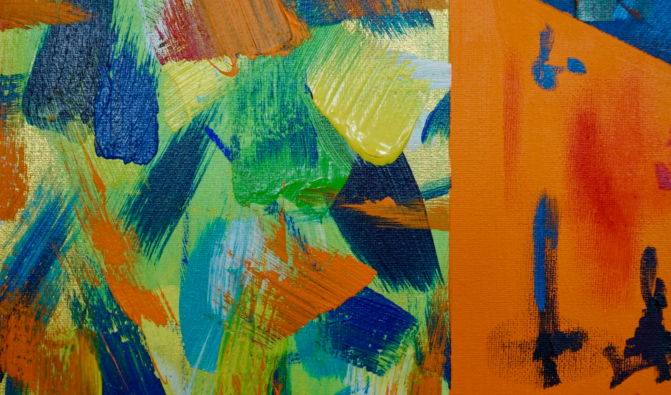Close-up of an abstract colorful painting with bold brushstrokes in green, blue, orange, and red hues.