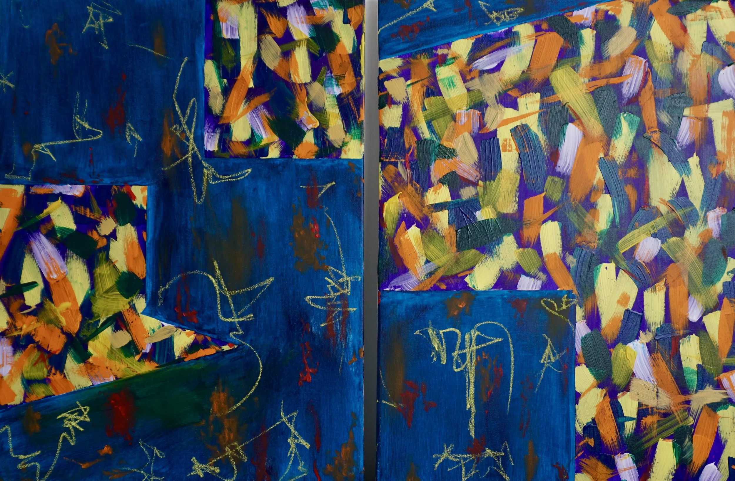 Two combined abstract paintings with colorful brushstrokes, featuring shades of blue, yellow, orange, purple, green, and white, displayed side by side. Stars float in an ocean of blue and red - it's a rendezvous of stars.