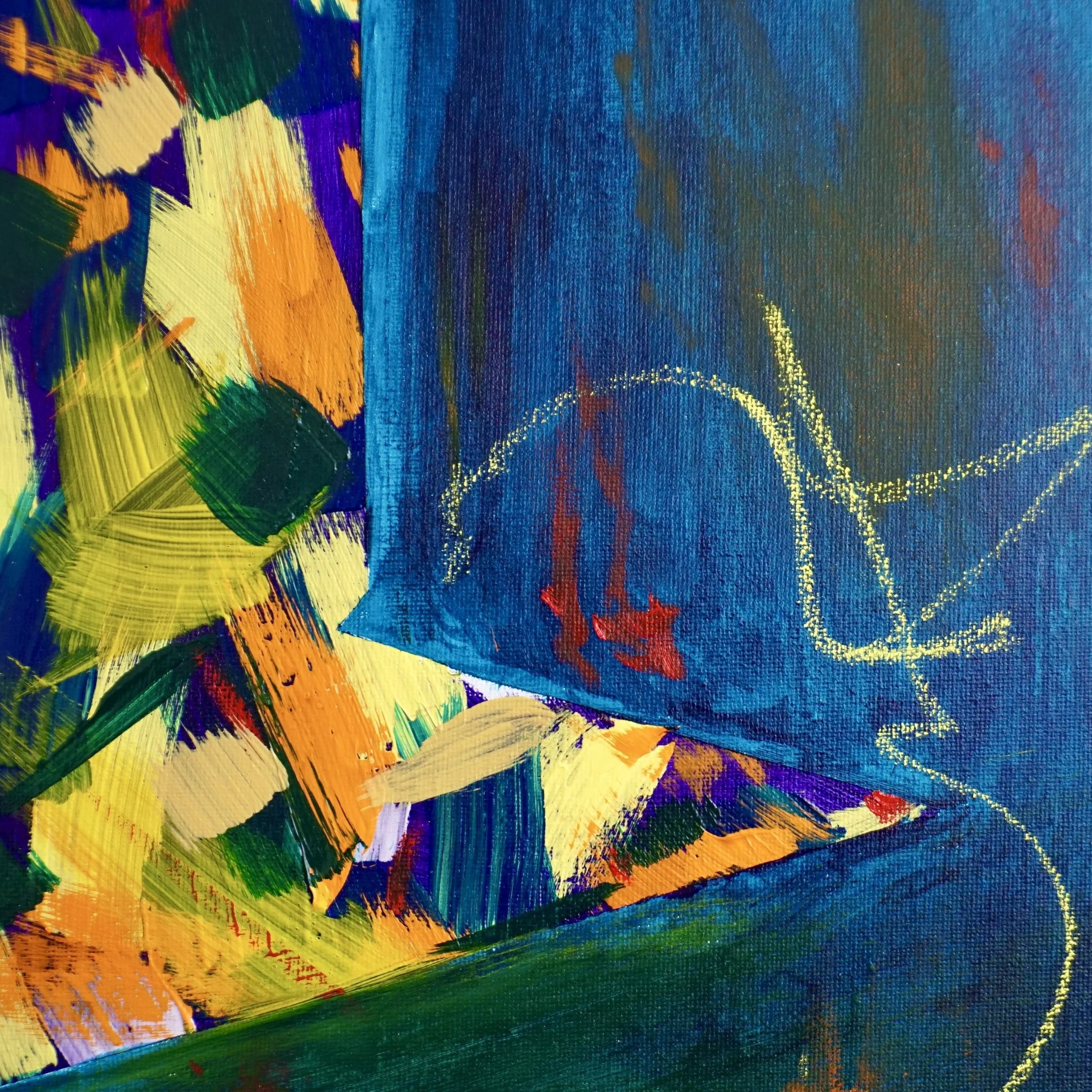 Close-up view of an abstract painting with vibrant streaks and patches of yellow, orange, purple, green, red, and blue paint on a canvas.