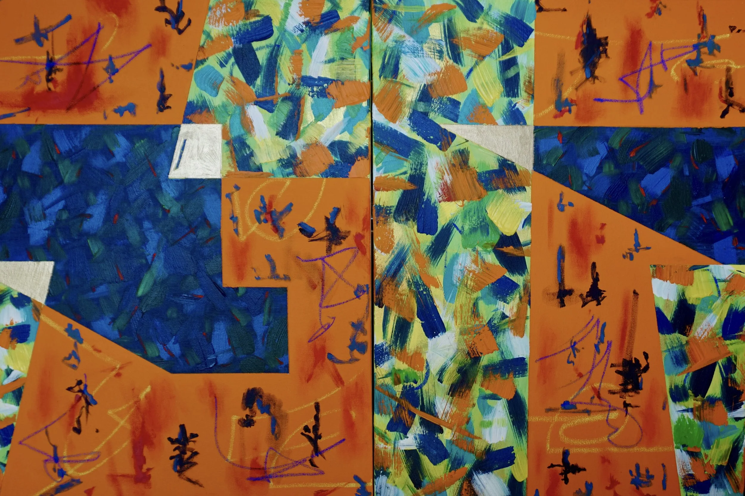 Two combined abstract paintings with orange, blue, green, and white brushstrokes, geometric shapes, and scribbles. The gold at insersection of geometric forms recalls the Viennese Secession, this time immersed in a magma of orange.